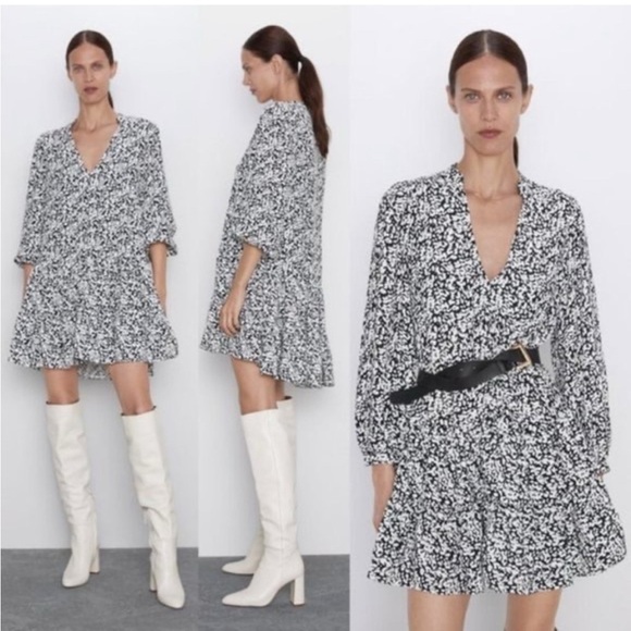 Zara Printed Mini Swing Dress 3/4-sleeve Tiered V-neck Size S - Picture 6 of 10